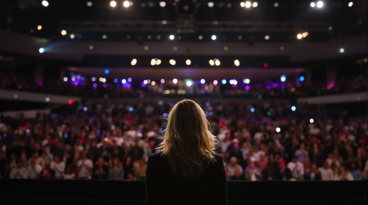 Rear view of a silhouetted speaker standing before a packed arena, overlooking a vast audience with dramatic multi-colored stage lighting, embodying leadership and public speaking
